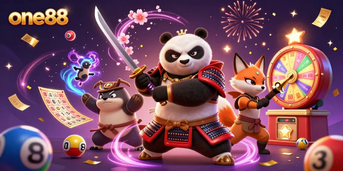 one88 showcases a vibrant lottery scene with a samurai panda and magical elements for excitement.