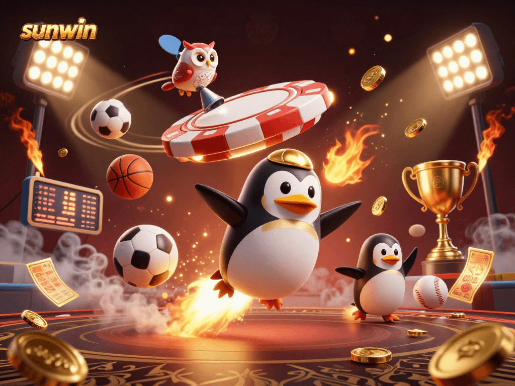Engage with sunwin's vibrant casino scene featuring a golden penguin, sports balls, and dynamic gaming elements.
