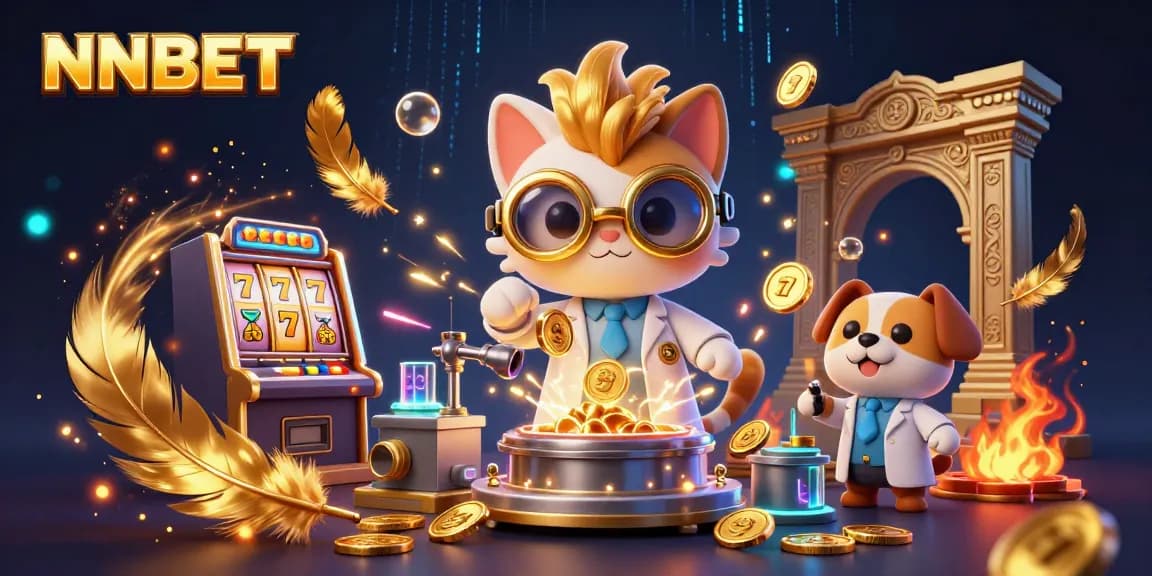 Win big with NNBET during an engaging 3D casino adventure featuring a scientist cat and dog.