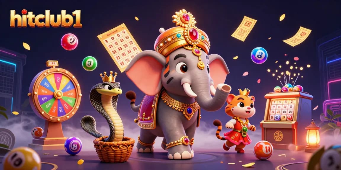 Experience the excitement of hitclub1 with a vibrant casino scene featuring a tiger and elephant amidst lottery elements.