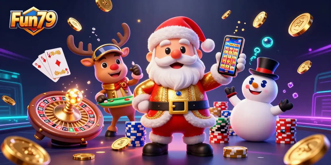 Experience thrilling jackpots at Fun79 with a festive casino illustration featuring Santa and friends.
