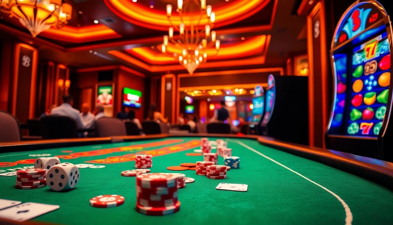 Experience the thrill of UU88 with players at a poker table and glowing slot machines in a vibrant casino setting.