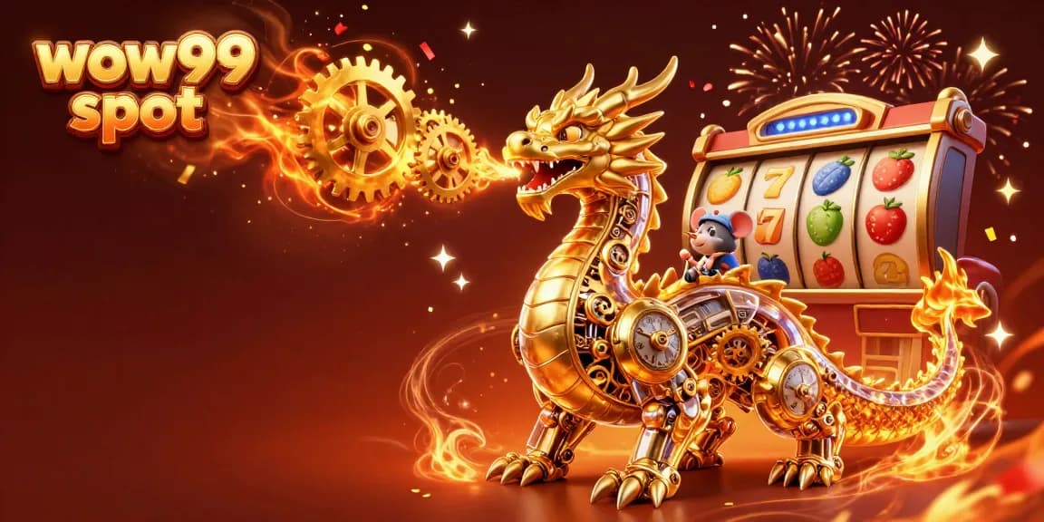 Mengambil kemenangan di wow99 slot dengan naga emas mekanis dan simbol keberuntungan di sekitar