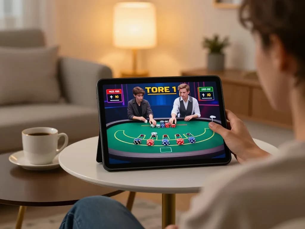 Jogador AAVIP apreciando blackjack ao vivo em um tablet em um ambiente aconchegante em casa.
