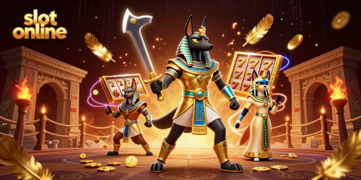 Spin to win big with slot online action featuring an Egyptian theme in a vibrant casino setup.