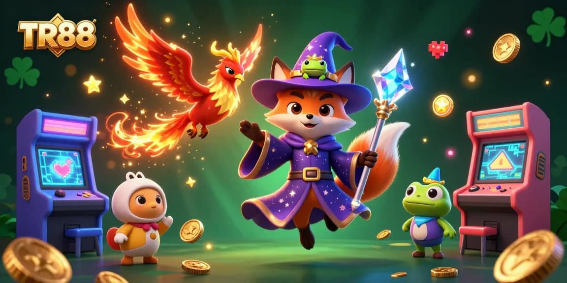Engage with TR88's vibrant gaming universe, featuring a mystical wizard fox, phoenix, and 3D gaming elements.
