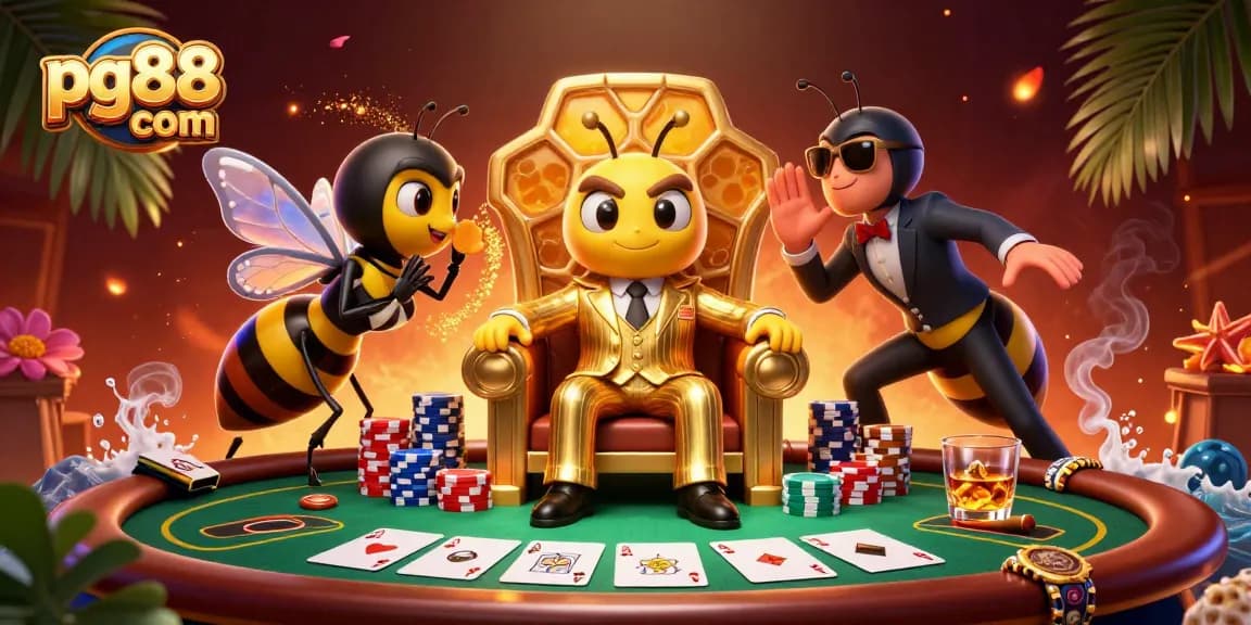 Experience pg88 com with a vibrant scene of gambling excitement featuring poker and characters.