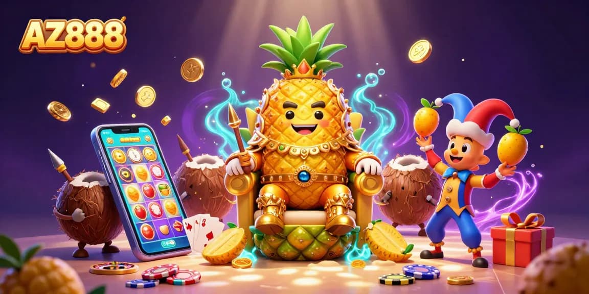 Experience the vibrant scene at AZ888 with a golden pineapple king, lively casino elements, and dynamic action.