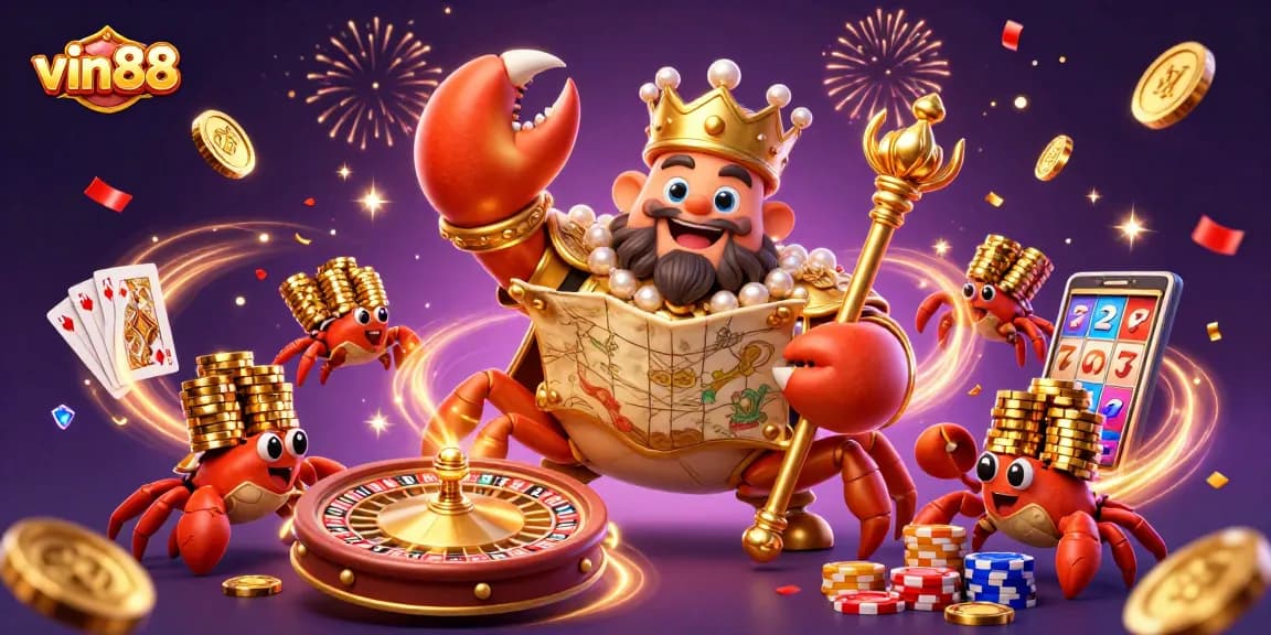 Experience the excitement of vin88 with golden crab emperor amidst cascading coins and vibrant casino elements.
