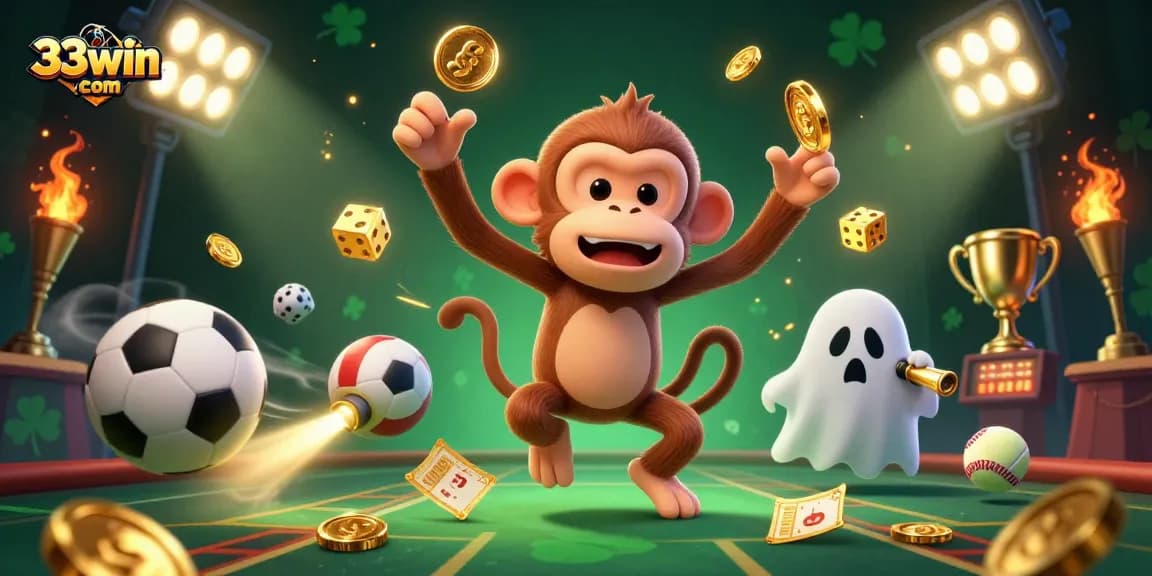 A captivating 3D scene depicting 33win com's poltergeist monkey and ghost-hunter puppy in a haunted casino with dynamic sports elements.