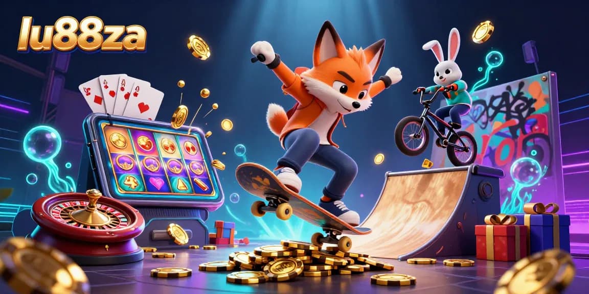 Experience the excitement of lu88za with a vibrant casino-themed 3D illustration showcasing dynamic characters and classic game elements.