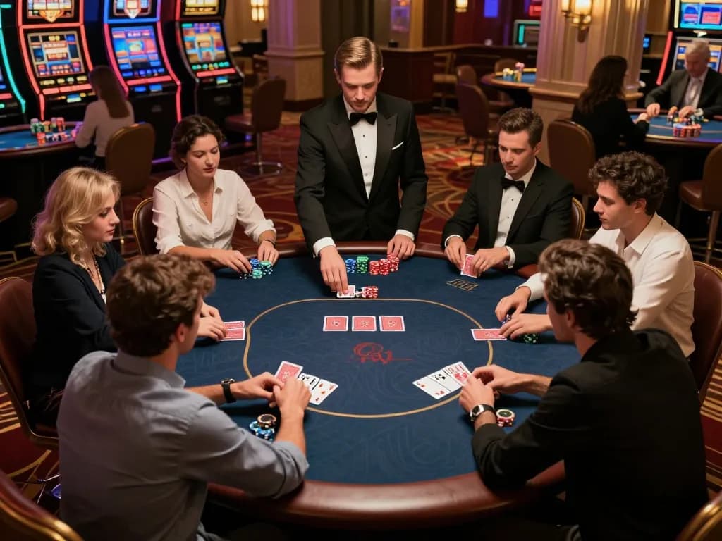 Players participating in a lively poker game at a luxury casino, showcasing their strategy and focus on winning with Jun888.