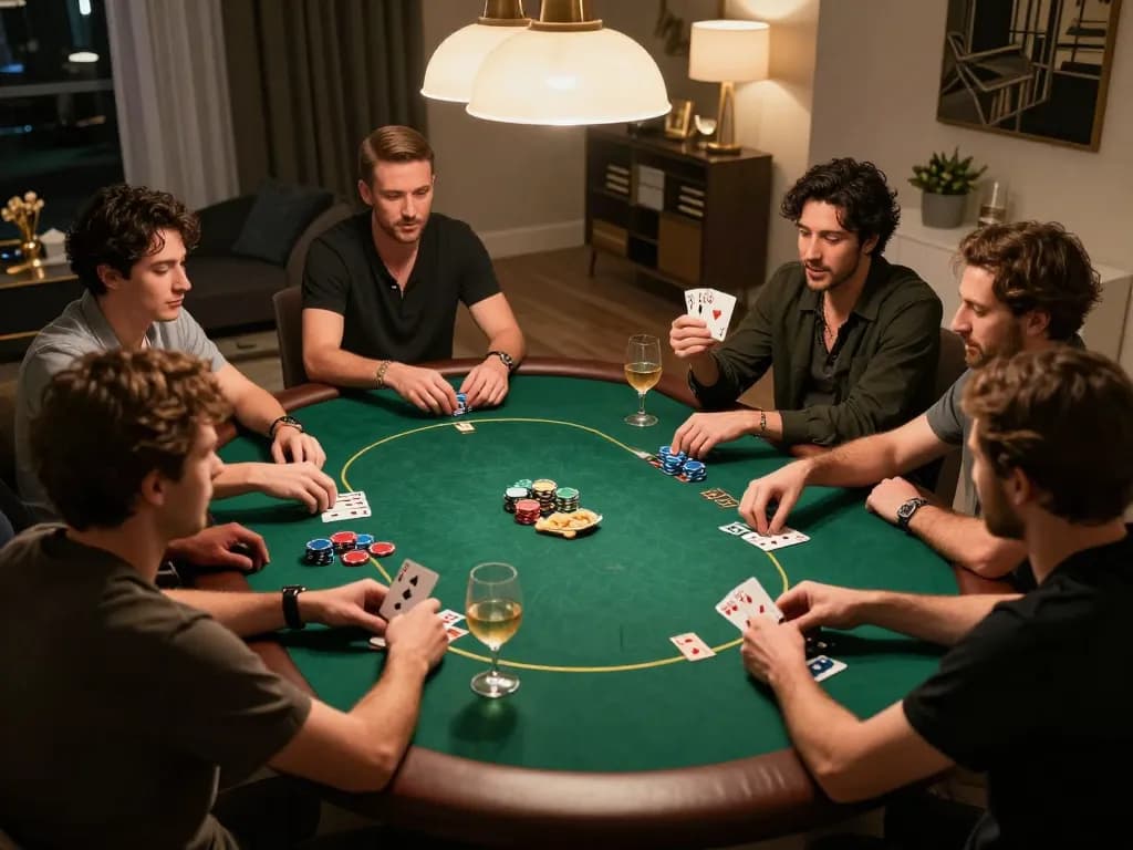 Players enjoying a thrilling poker night at home, showcasing the fun of 75W gaming experience with friends.