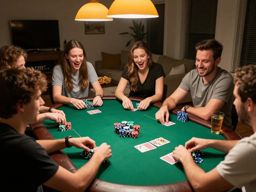 C168 players enjoying a lively poker game at home, with colorful chips and animated expressions.