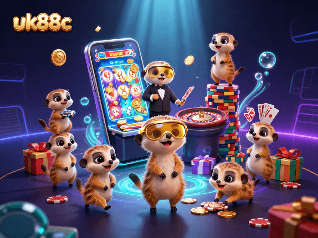 Experience exciting gaming action at uk88c with meerkats managing colorful slot games and casino chaos.
