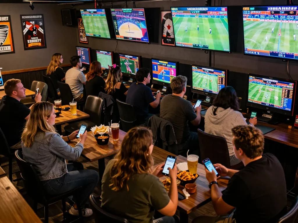 Engaging scene of sports betting at a bar showcasing patrons betting on their smartphones, involving 27G excitement of live games