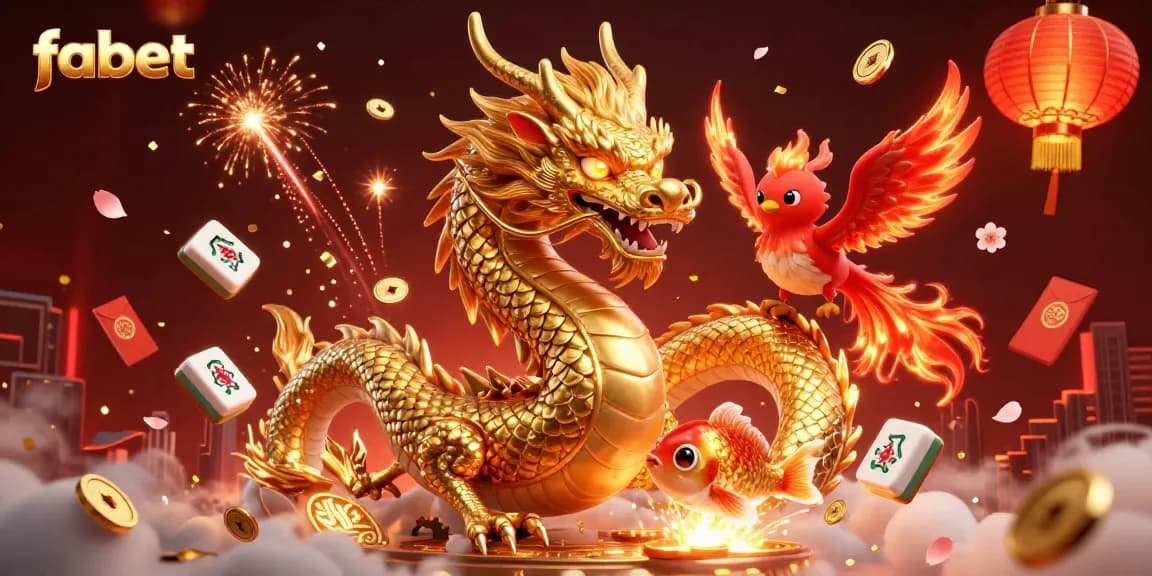 Experience exciting gaming action with fabet as a golden dragon and phoenix soar over a cascade of coins.