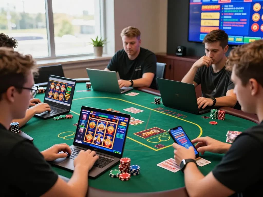 Players engaging with NK 88 online casino games on laptops and mobile devices, showcasing a vibrant gambling atmosphere.