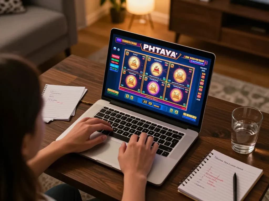 PHTAYA player engaging in live casino betting from home, showcasing vibrant slots and strategic notes.