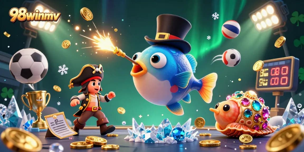 Engage with 98winmv's thrilling games as the deep-sea anglerfish attracts coins amid vibrant sports elements.