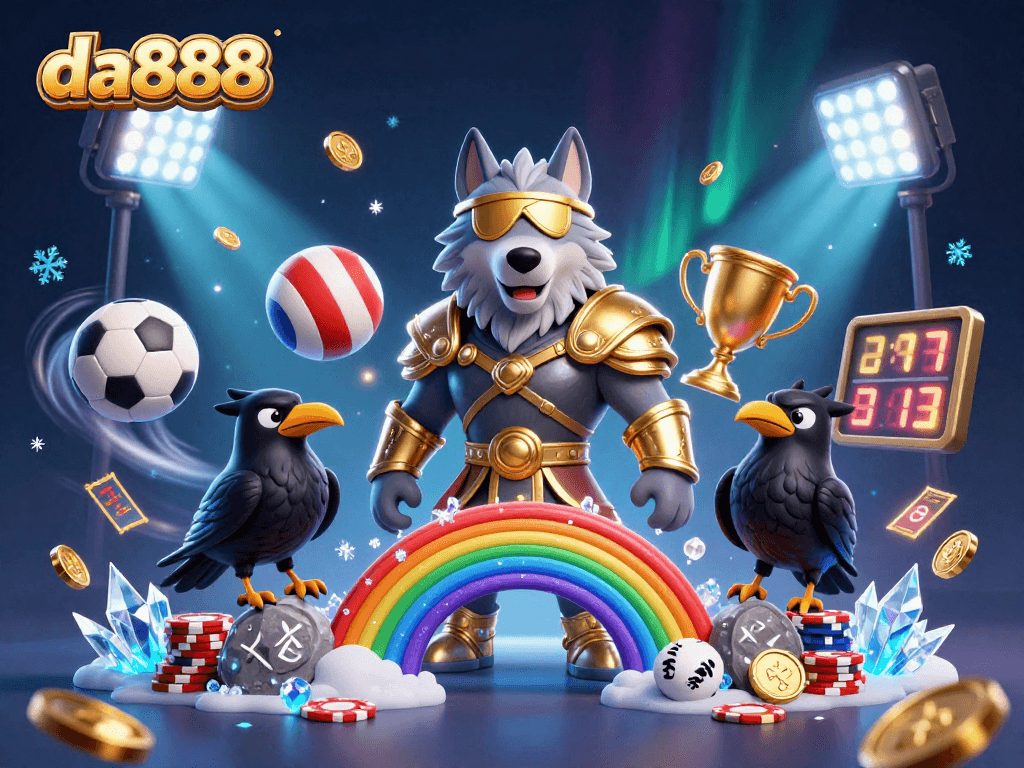 Enjoy thrilling sports betting action with da888, featuring a dynamic 3D illustration of Norse characters.