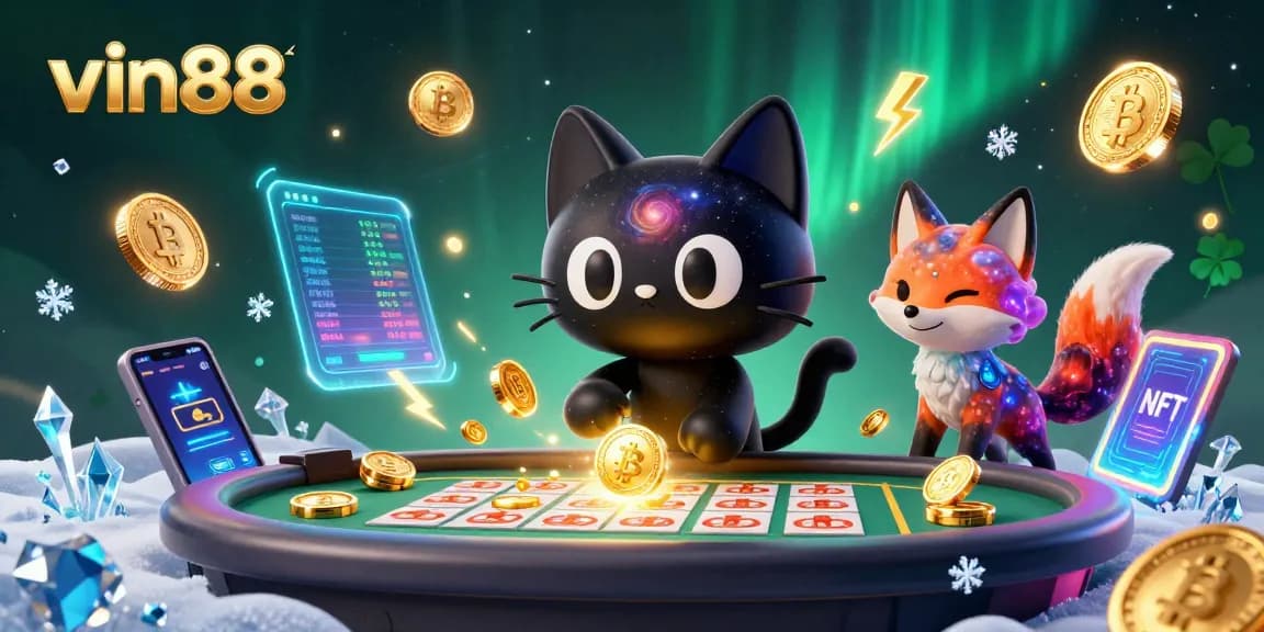 Engage in thrilling gameplay with vin88 at a cosmic casino featuring vibrant 3D characters and cryptocurrency elements.
