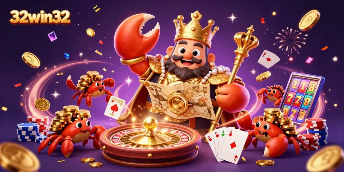 Engage in 32win32's vibrant casino world with treasures, gaming icons, and a whimsical crab emperor.