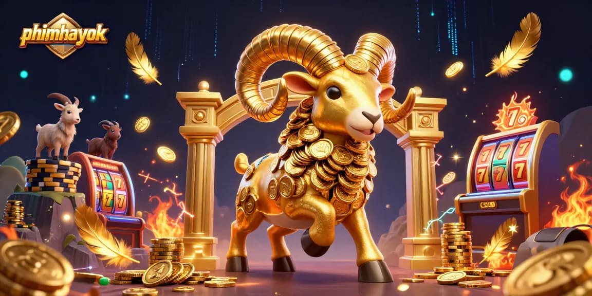 phimhayok showcases a golden ram charging in a vibrant casino scene filled with dynamic elements.