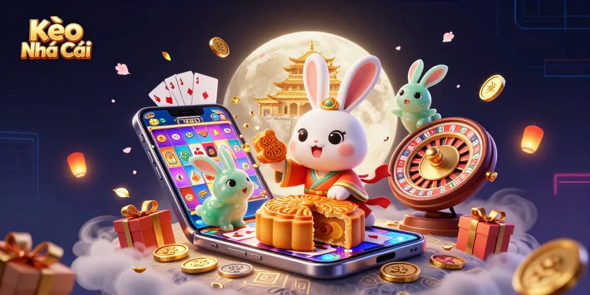 Kèo Nhà Cái showcases vibrant 3D illustration with a moon rabbit and casino elements bringing excitement to bettors.