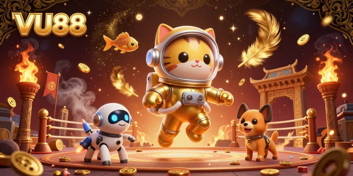 Engage with VU88's dynamic gaming scene featuring a cat astronaut and robot dog in an energetic casino setting.