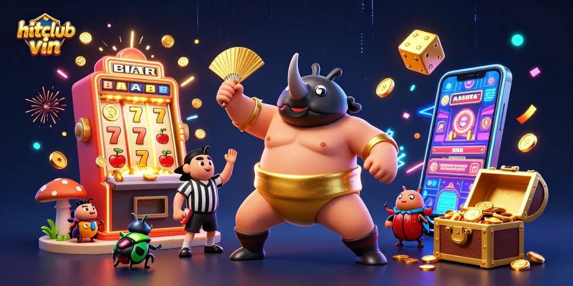 Experience the thrill at hitclub vin, where a cartoon rhinoceros beetle sumo champion triumphs amidst flying coins and jackpots.