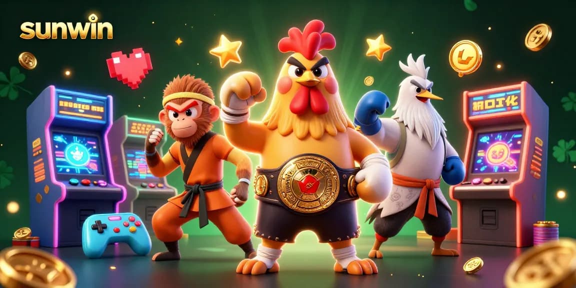 Experience exciting gameplay at sunwin with a vibrant 3D scene featuring a Muay Thai rooster, Shaolin monkey, and crane master.