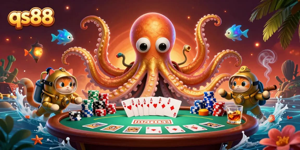 Engage with qs88's thrilling poker scene featuring a kraken and diving cat amidst vibrant game elements.
