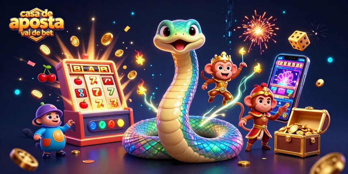 Casa de aposta vai de bet em uma cena mágica com serpente, rei macaco, e caça-níqueis.