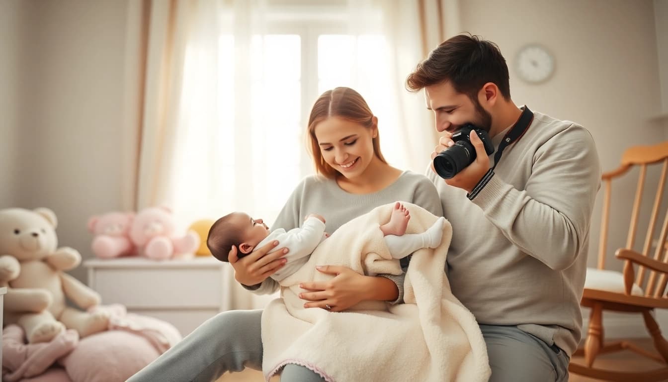 Family with new bornbaby cherishing a moment in a bright nursery with soft toys.
