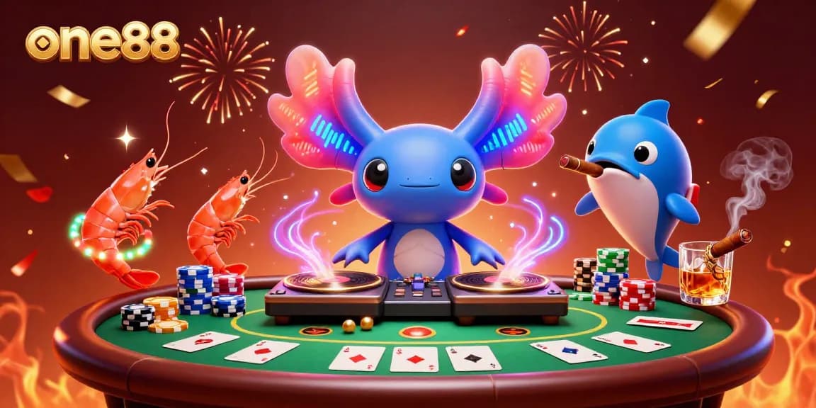Experience thrilling poker action with one88 as a vibrant axolotl DJ spins records and shrimp dance.