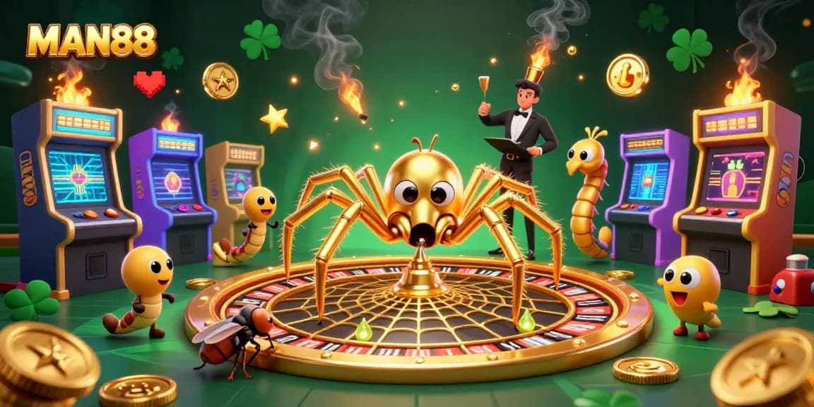 Bet on spins and wins at MAN88 in this vibrant 3D casino illustration with roulette elements.