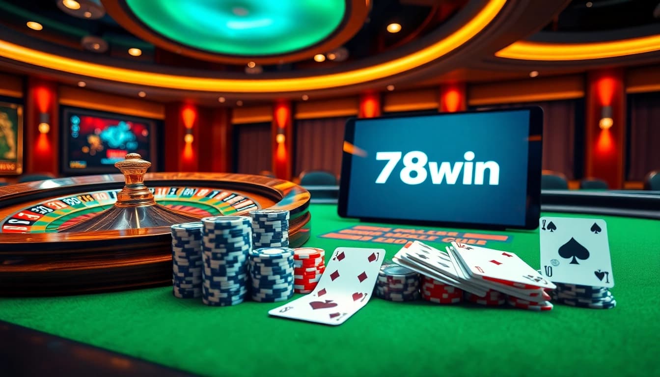 Engaging gaming scene featuring 78win logo with poker chips and roulette wheel enticing players.