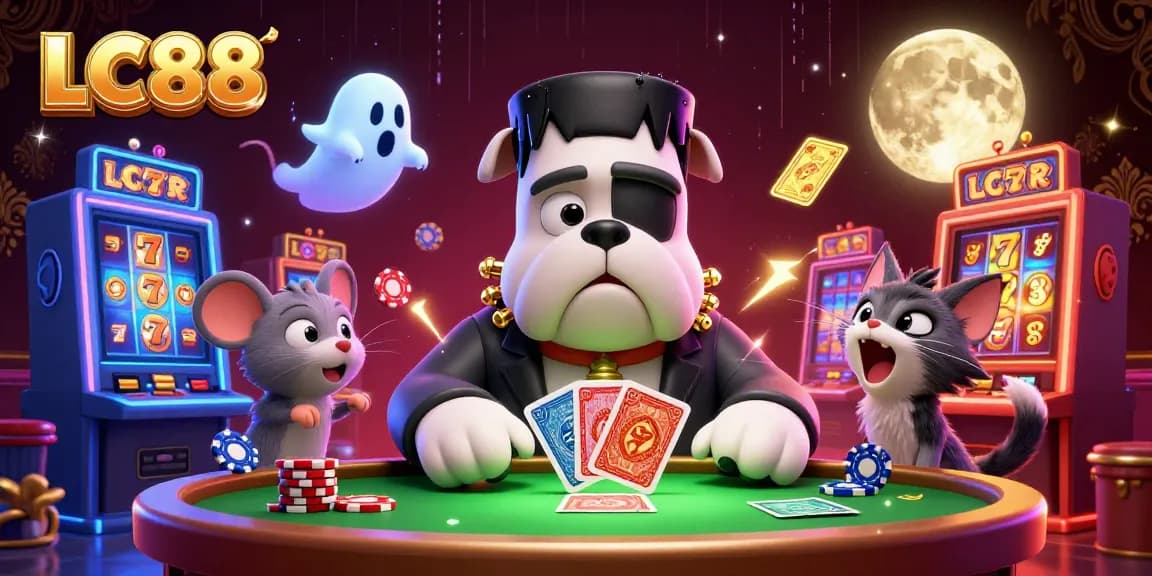 LC88 features a whimsical scene with a Frankenstein bulldog dealing cards, suggesting vibrant casino excitement.