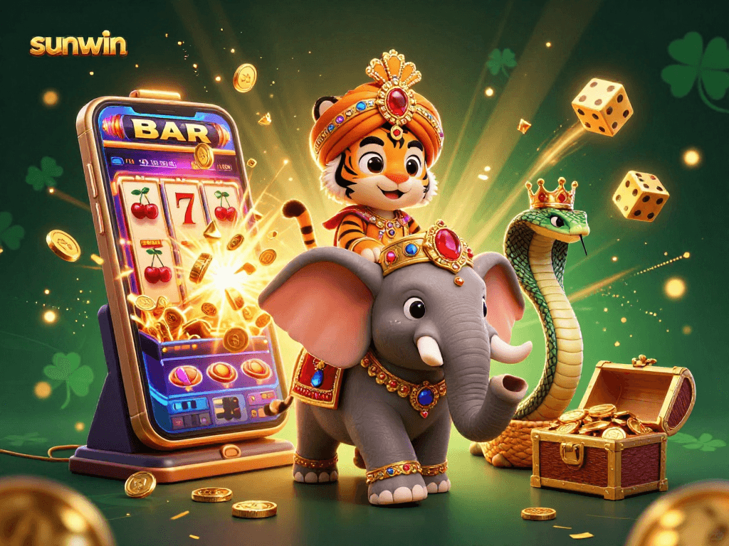 Win big with sunwin in an exciting 3D scene featuring a tiger maharaja and vibrant casino elements.