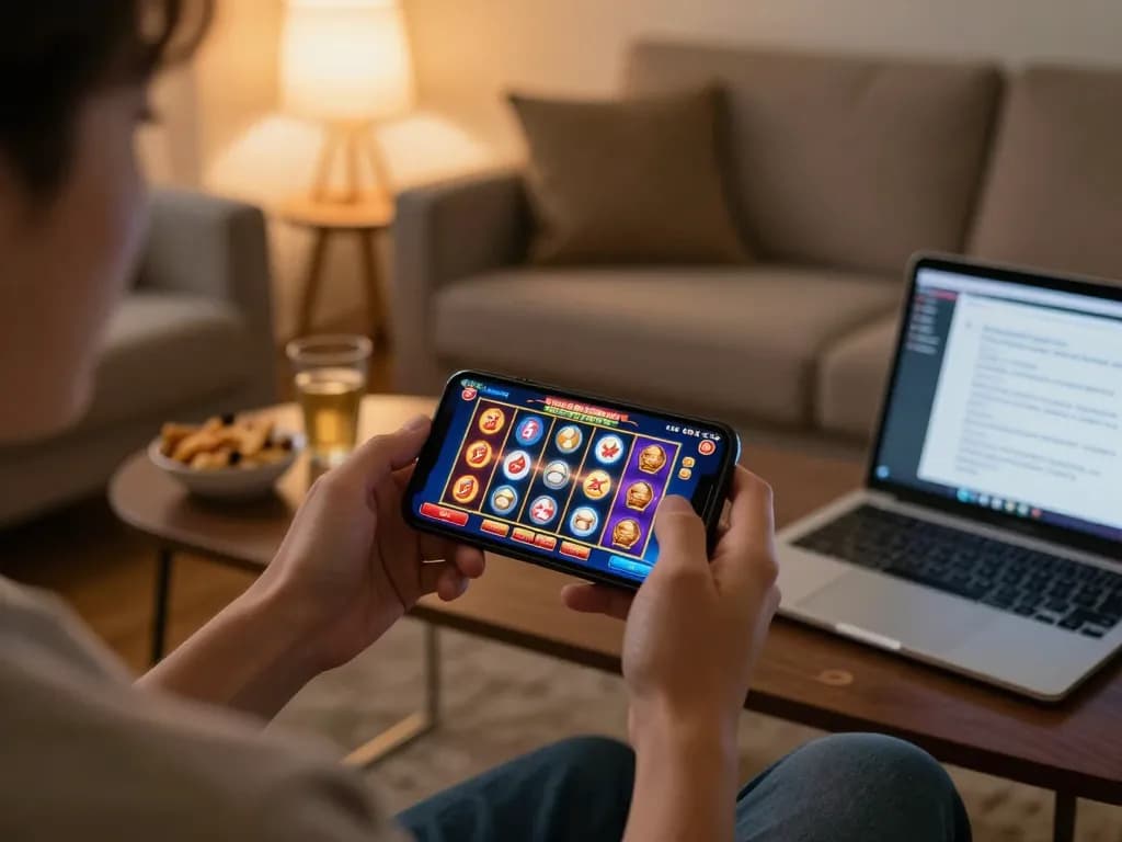 Engaged in online gambling, a player uses their smartphone for sunwin slot games in a cozy living room setting.