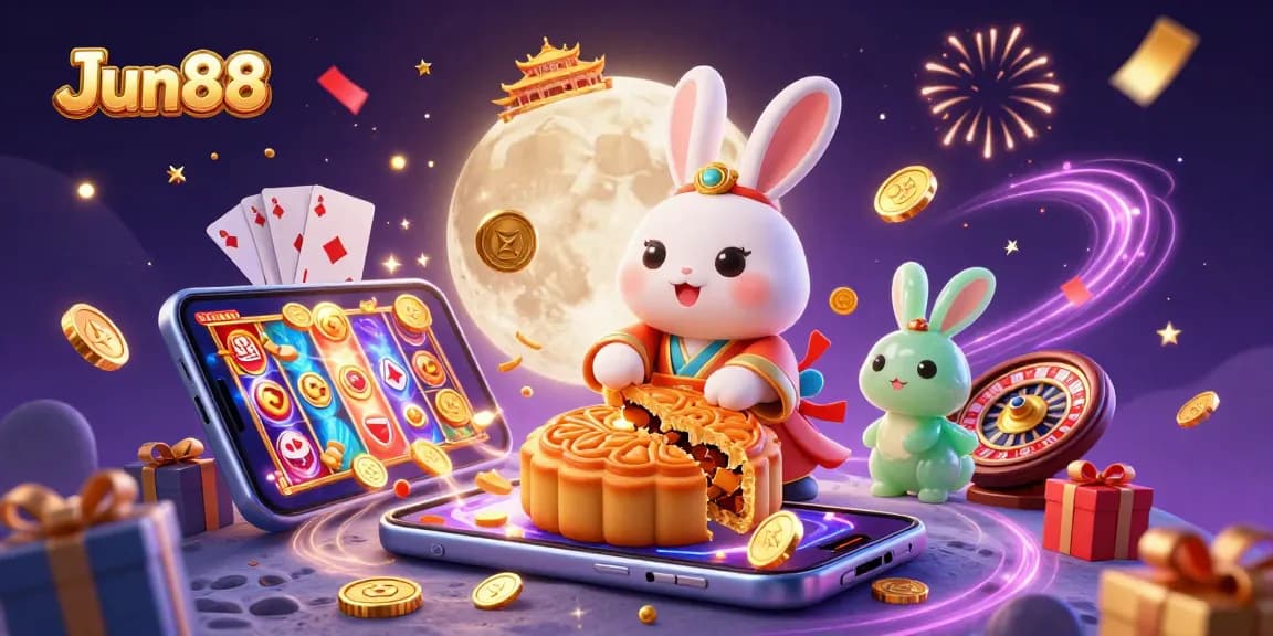 Join the thrilling world of Jun88 with iconic characters celebrating casino fun amidst dazzling visuals.