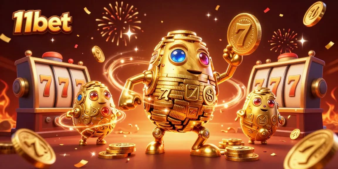 11bet gaming scene with a golden golem, slot symbols, and festive elements celebrating wins.