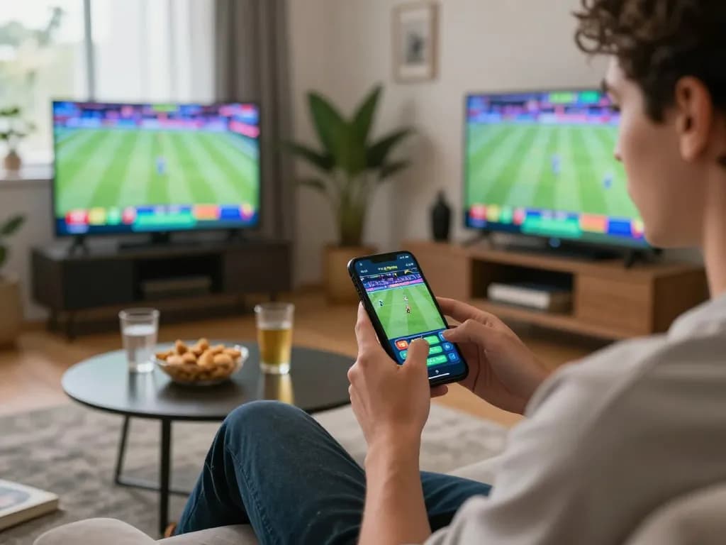 Engaged player using 33nn app for online sports betting on a smartphone in a cozy living room