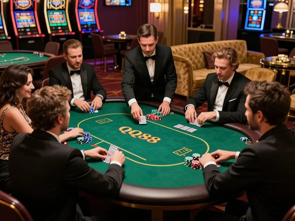 Players engaging in an exciting poker game at QQ88 with chips and cards visibly creating a competitive atmosphere.