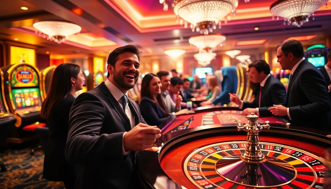 7m players celebrating a win at a vibrant casino with roulette and slot machines.
