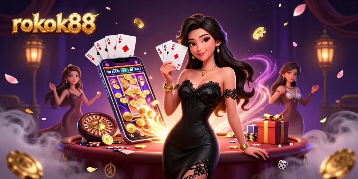 Experience thrilling gaming action at rokok88 with an elegant dealer revealing winning hands.