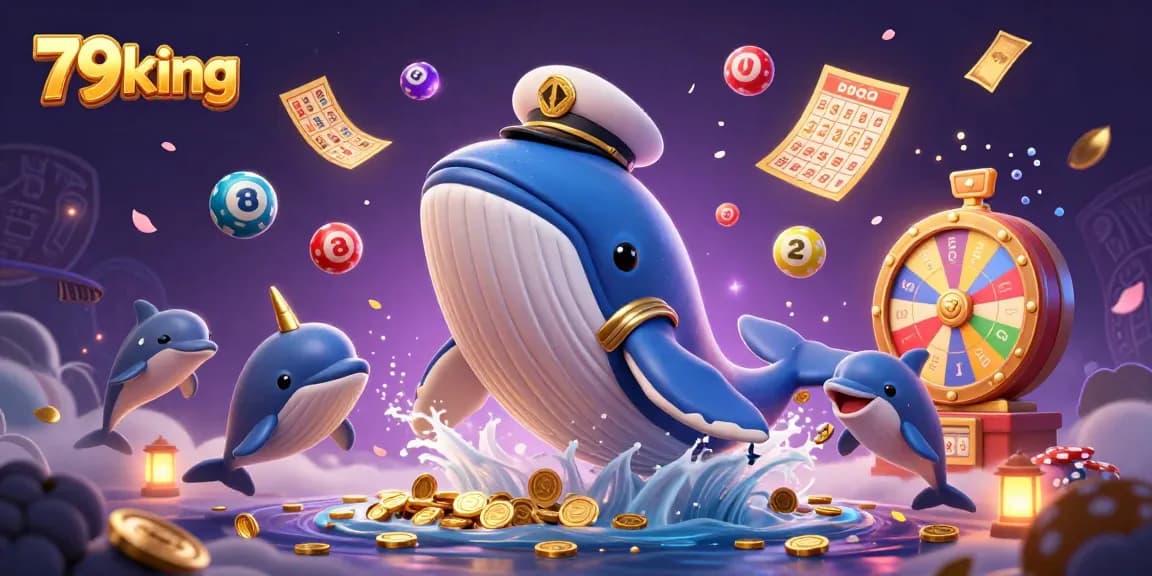 Win big at 79king, featuring a whale and narwhal in a vibrant casino scene with lottery elements.