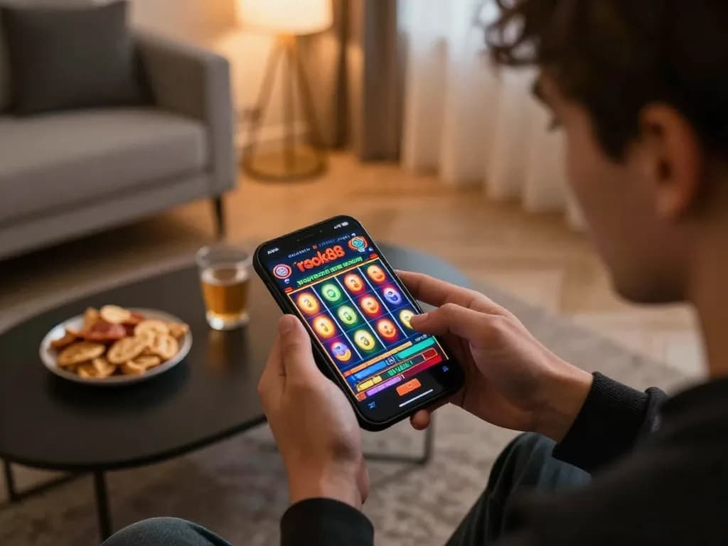Engaging in the rokok88 online slot game with vibrant reels spinning in an inviting home setting.