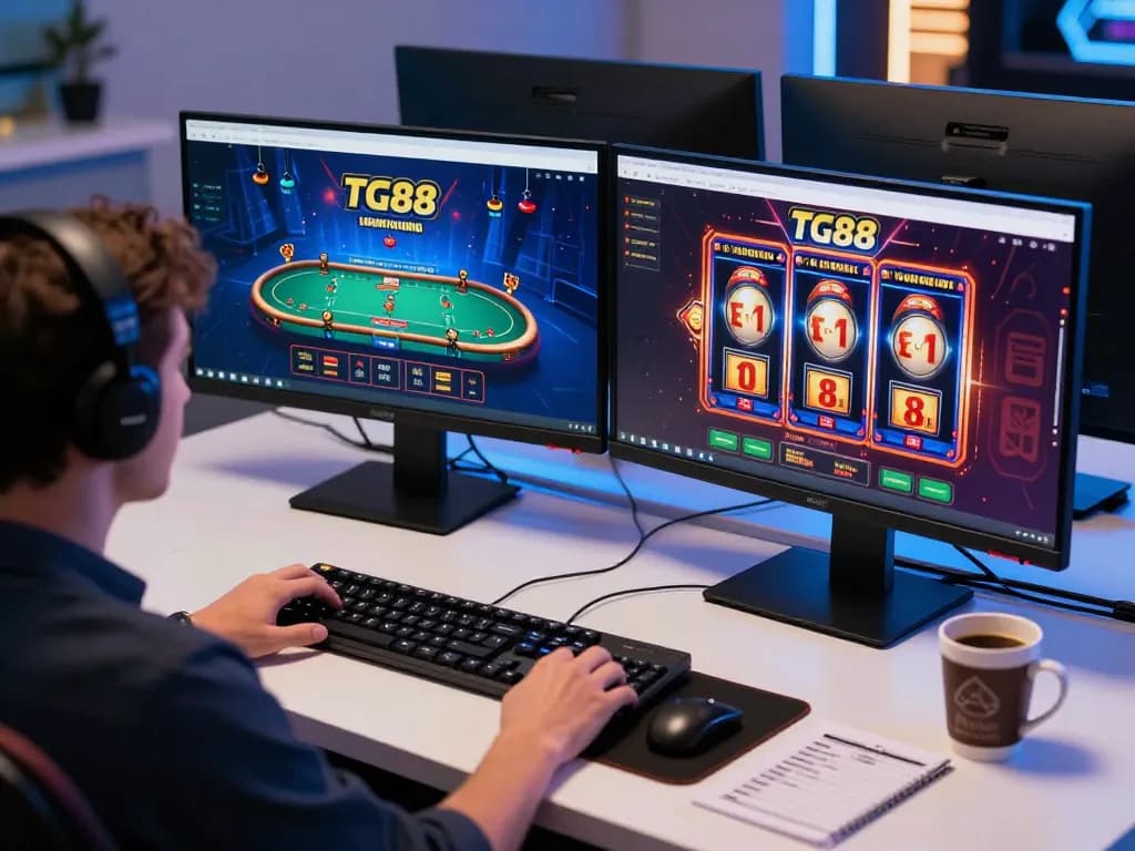 TG88 player engaging in live poker gameplay on a modern desktop setup, showcasing exciting online gambling experience.